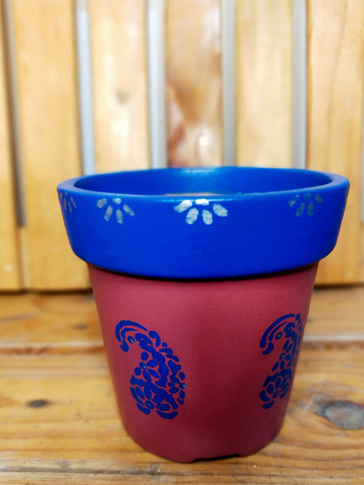 Blue Paisley - 4 inch Hand Painted Terracotta Pots