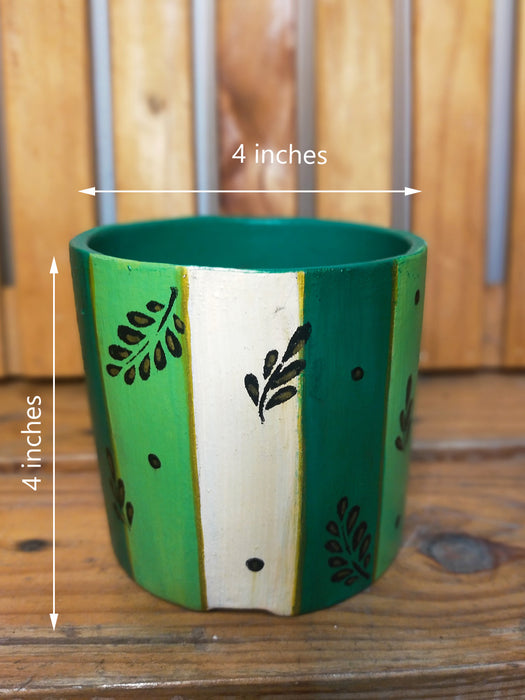 Banded Leaves - 4 inch Hand Painted Terracotta Pots