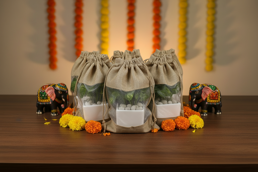 Decorative setup with bags, elephants, and candles on a wooden table.