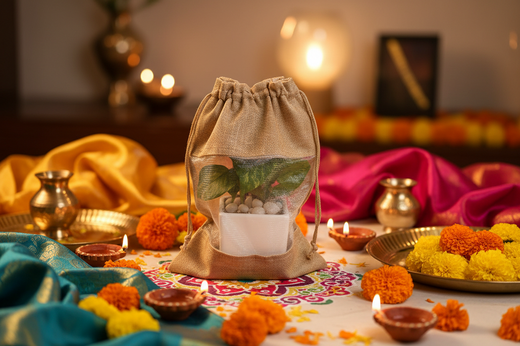 A jute potlis wrapped around a 3.5 inch white ceramic pot containing a money plant, with the pot and plant visible through the burlap fabric.