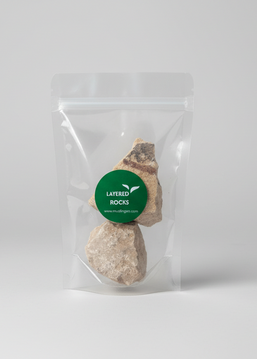 Clear packaging with layered Rocks product on a white background