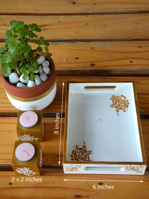 Golden Terracotta Hamper - Terracotta potted plant, Candle Holders & Hand Painted Tray