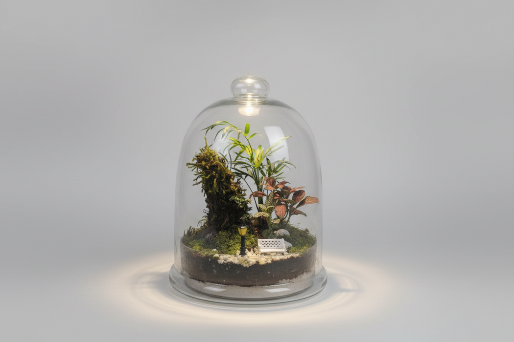 Miniature garden under a glass dome with a blurred background