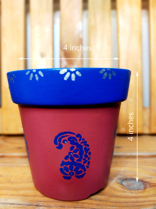 Blue Paisley - 4 inch Hand Painted Terracotta Pots