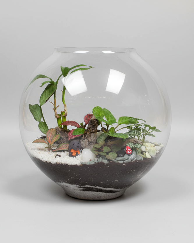 A moon-shaped glass terrarium with a lush collection of rainforest plants inside, placed on a wooden surface with indirect sunlight.