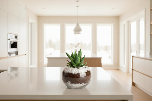 miniture terrariums with one succulent in a glass sphere.